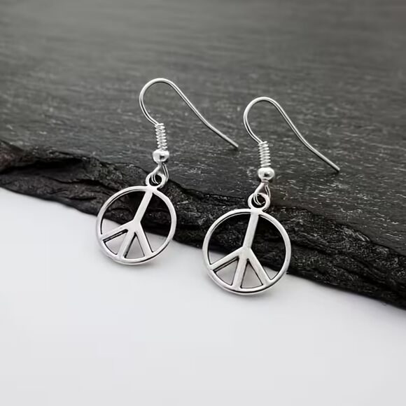 Silver Peace Symbol Dangle Earrings Drop Pendant Charm Boho Retro Lightweight - Picture 2 of 5